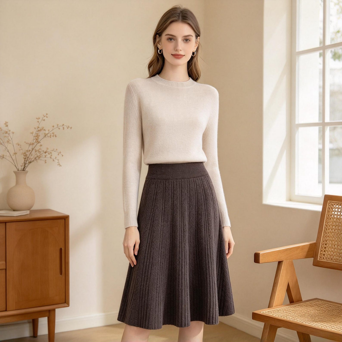 Women’s High-Waisted Pleated Wool Midi Skirt for Winter