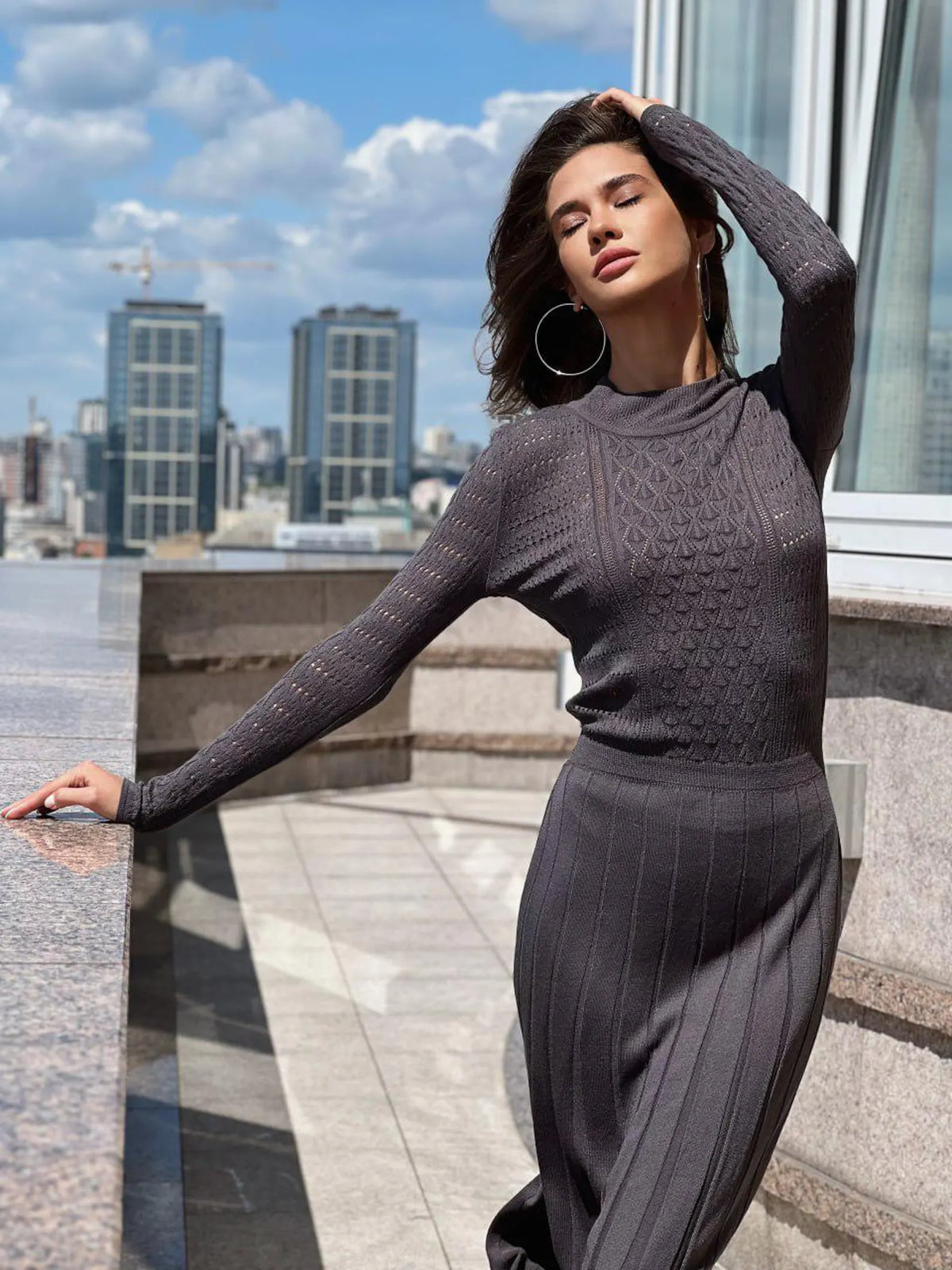 Charcoal Knit Midi Dress with Mash Long Sleeves and pleated skirt
