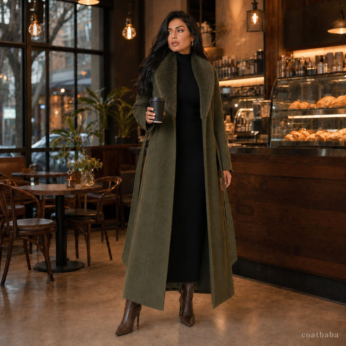 Women’s Olive Green Long Winter Coat with Belt and Fur-Style Collar