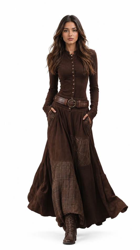 Women’s Plaid Patchwork Button-Down Dress, Casual Vintage Style Outfit