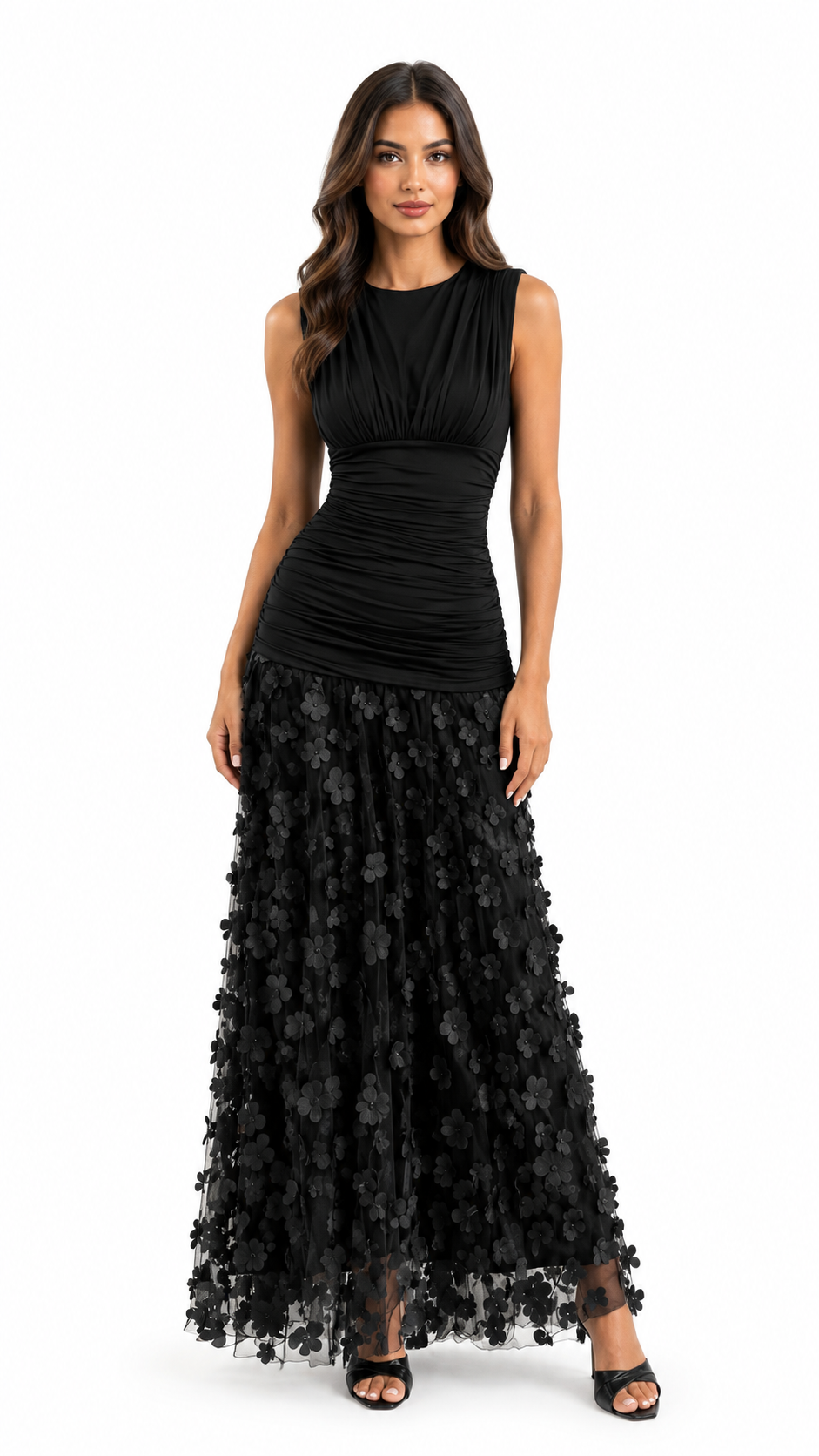 Black Maxi Dress with 3D Floral Hem, Elegant Statement Dress for Women