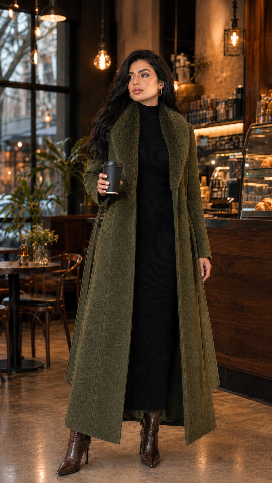 Women’s Olive Green Long Winter Coat with Belt and Fur-Style Collar