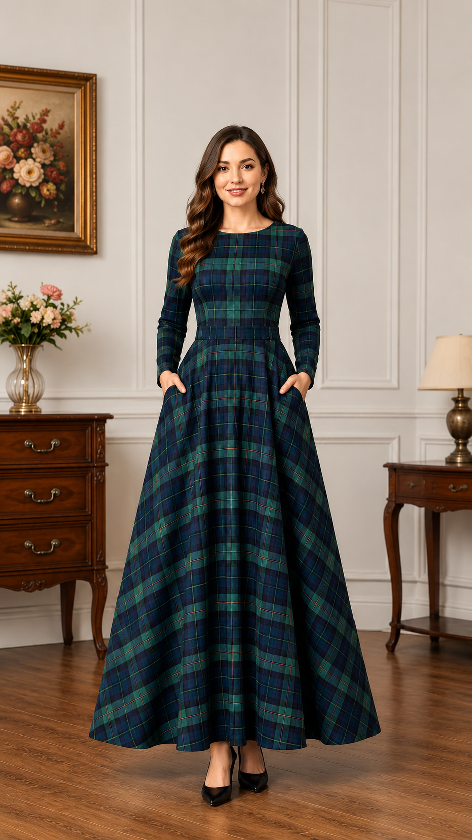 Handmade Tartan Maxi Dress for Women – Scottish Plaid Flare Dress