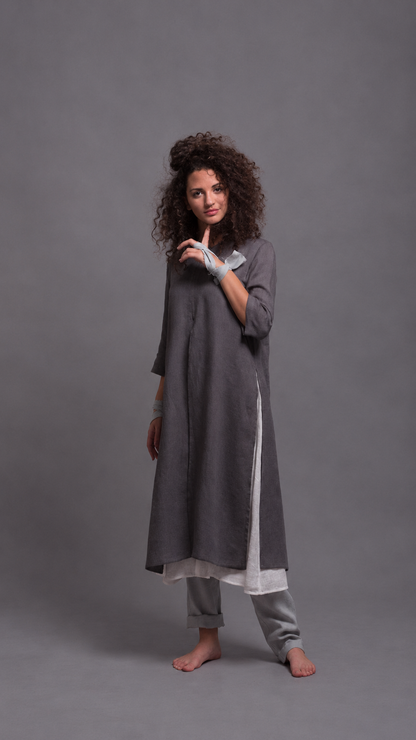 Women’s Gray Linen Tunic, Relaxed A-Line Top with Side Slits