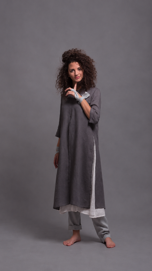 Women’s Gray Linen Tunic, Relaxed A-Line Top with Side Slits