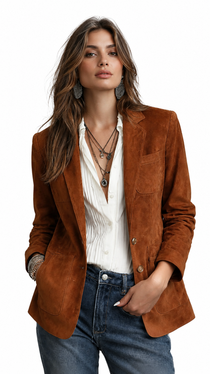 Vintage Brown Suede Blazer for Women, Classic Tailored Jacket