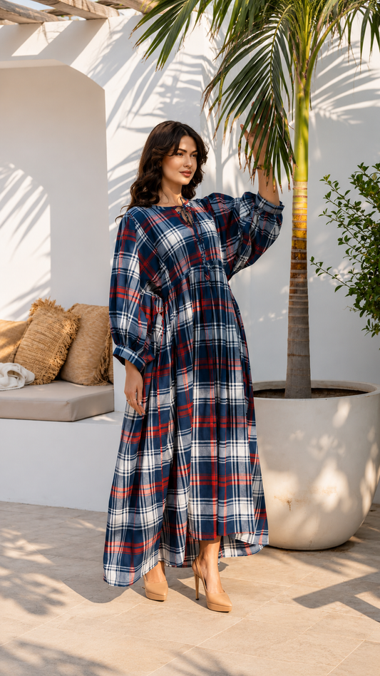 Women’s Plaid Cotton Maxi Dress, Long Sleeve Cottagecore Style