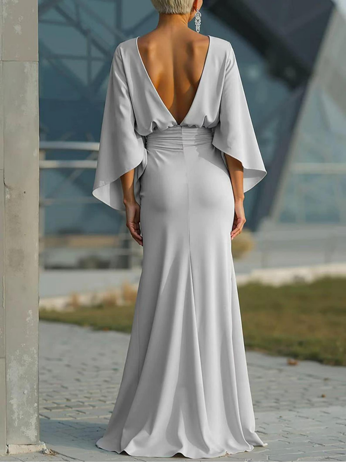 Women’s Backless Pleated V-Neck Maxi Dress, Elegant Evening Wear
