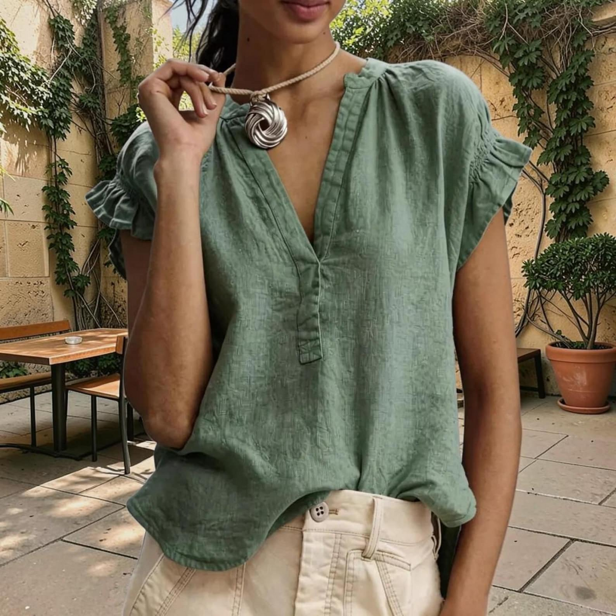 Women’s V-Neck Cotton Linen Ruffle Blouse, Elegant Casual Top