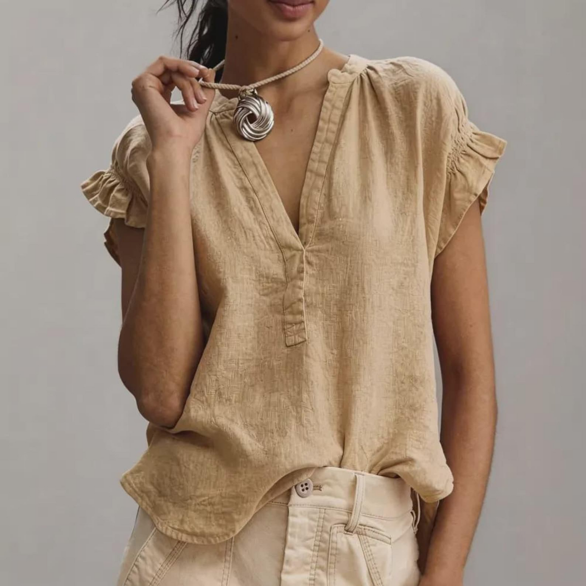 Women’s V-Neck Cotton Linen Ruffle Blouse, Elegant Casual Top