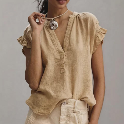 Women’s V-Neck Cotton Linen Ruffle Blouse, Elegant Casual Top