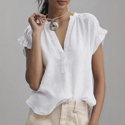 Women’s V-Neck Cotton Linen Ruffle Blouse, Elegant Casual Top