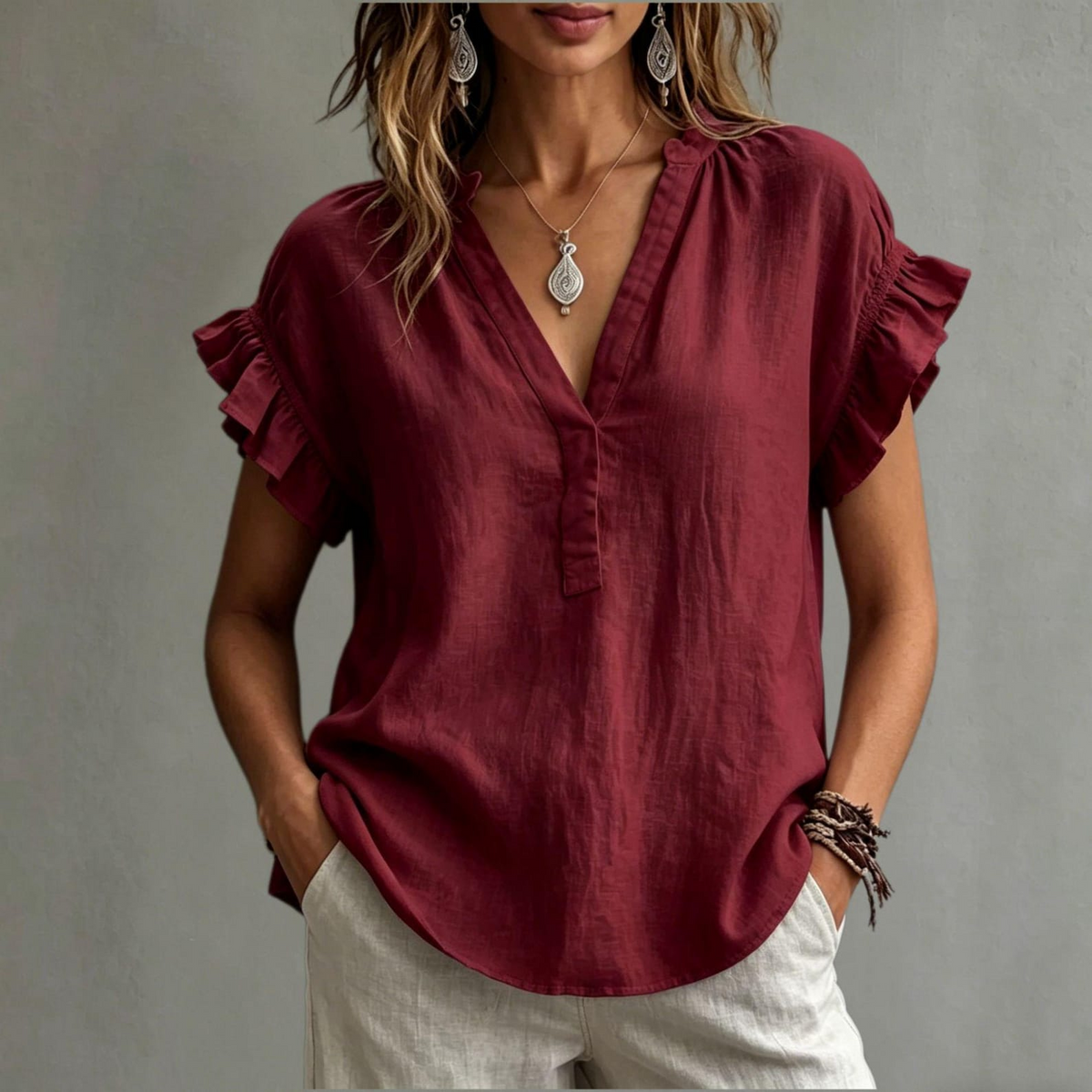 Women’s V-Neck Cotton Linen Ruffle Blouse, Elegant Casual Top