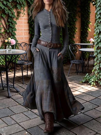 Women’s Plaid Patchwork Button-Down Dress, Casual Vintage Style Outfit