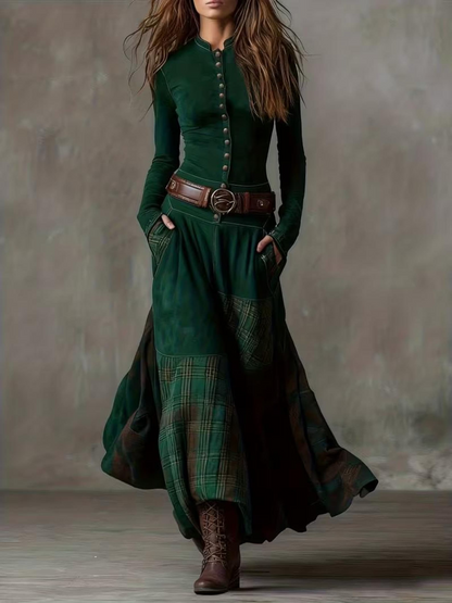 Women’s Plaid Patchwork Button-Down Dress, Casual Vintage Style Outfit