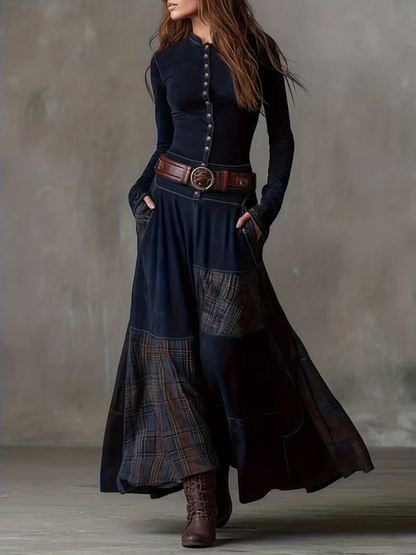 Women’s Plaid Patchwork Button-Down Dress, Casual Vintage Style Outfit