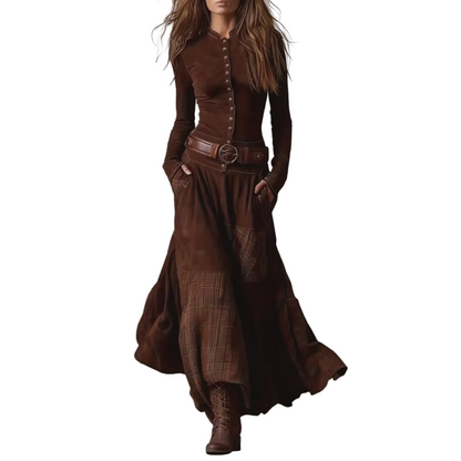 Women’s Plaid Patchwork Button-Down Dress, Casual Vintage Style Outfit