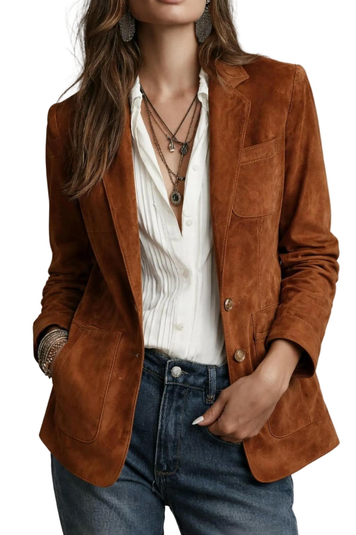 Vintage Brown Suede Blazer for Women, Classic Tailored Jacket