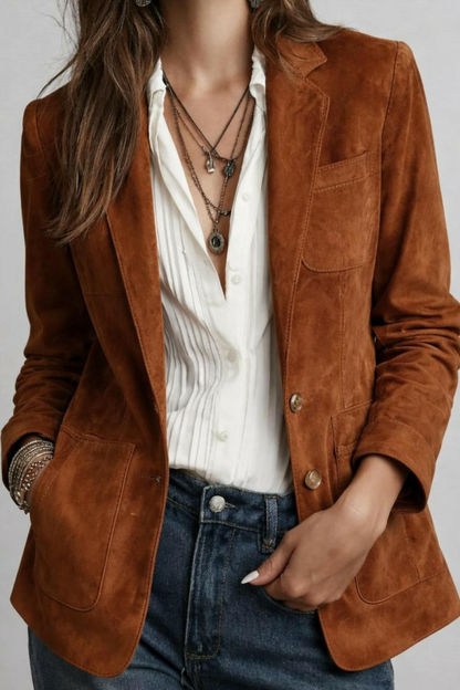 Vintage Brown Suede Blazer for Women, Classic Tailored Jacket