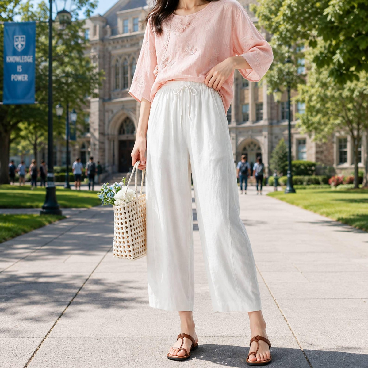 Women’s Linen Wide-Leg Summer Pants, Lightweight Casual Trousers