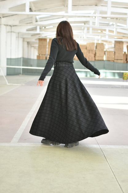 Women’s Dark Gray Plaid Maxi Skirt, High Waist Winter Tartan Skirt