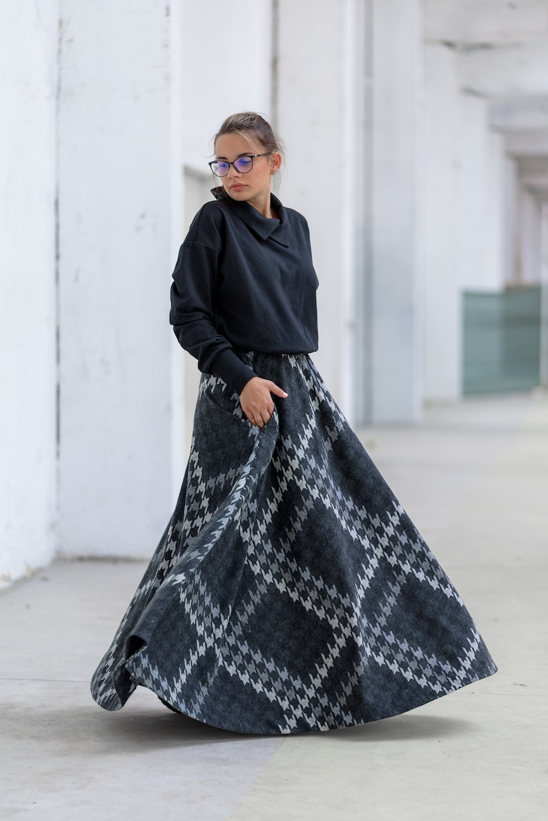 Women’s Dark Gray Plaid Maxi Skirt, High Waist Winter Tartan Skirt