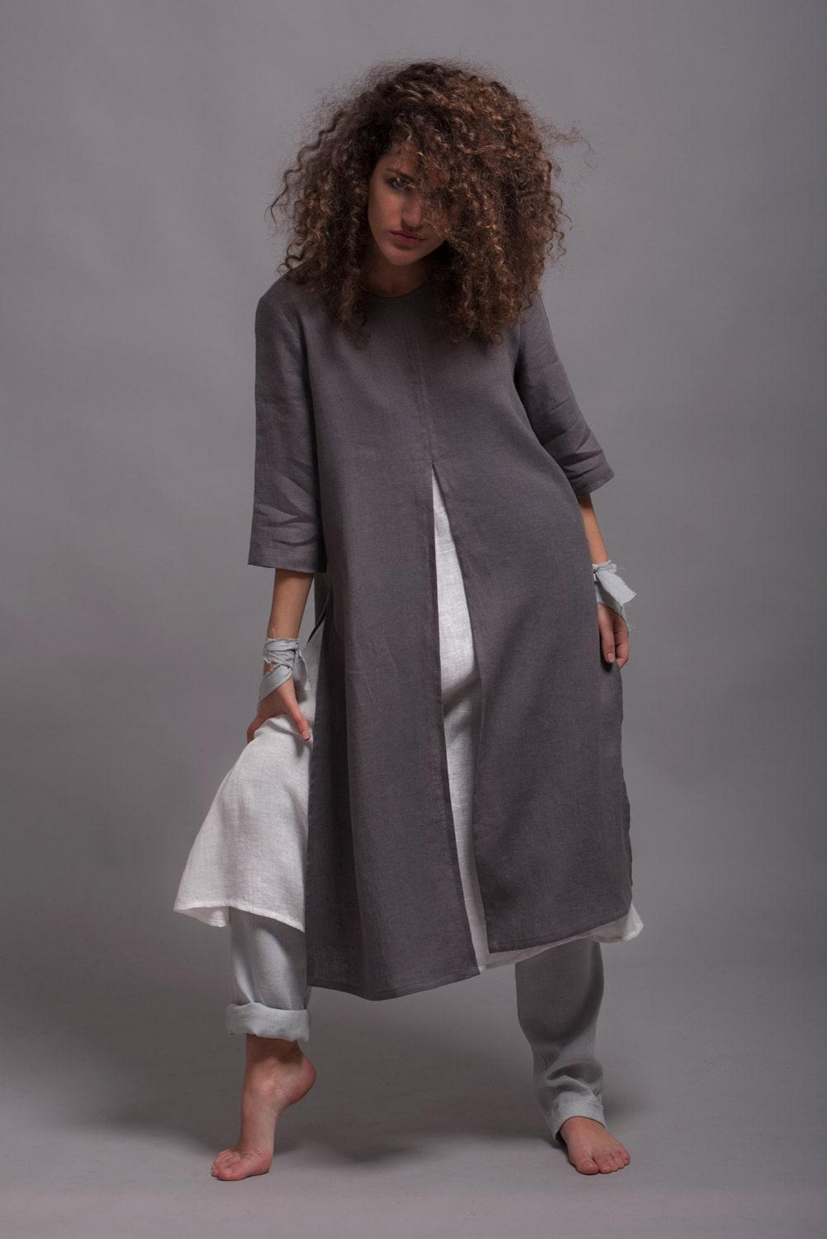 Women’s Gray Linen Tunic, Relaxed A-Line Top with Side Slits