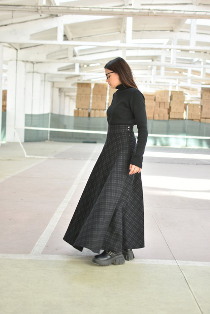 Women’s Dark Gray Plaid Maxi Skirt, High Waist Winter Tartan Skirt