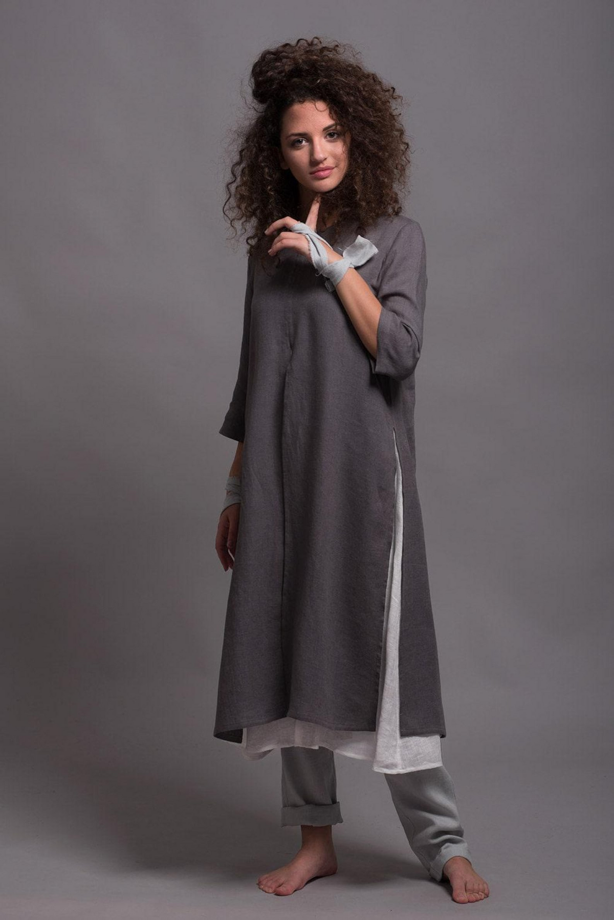 Women’s Gray Linen Tunic, Relaxed A-Line Top with Side Slits