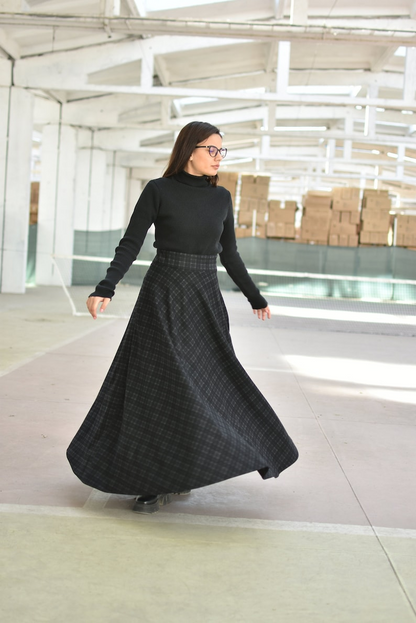 Women’s Dark Gray Plaid Maxi Skirt, High Waist Winter Tartan Skirt