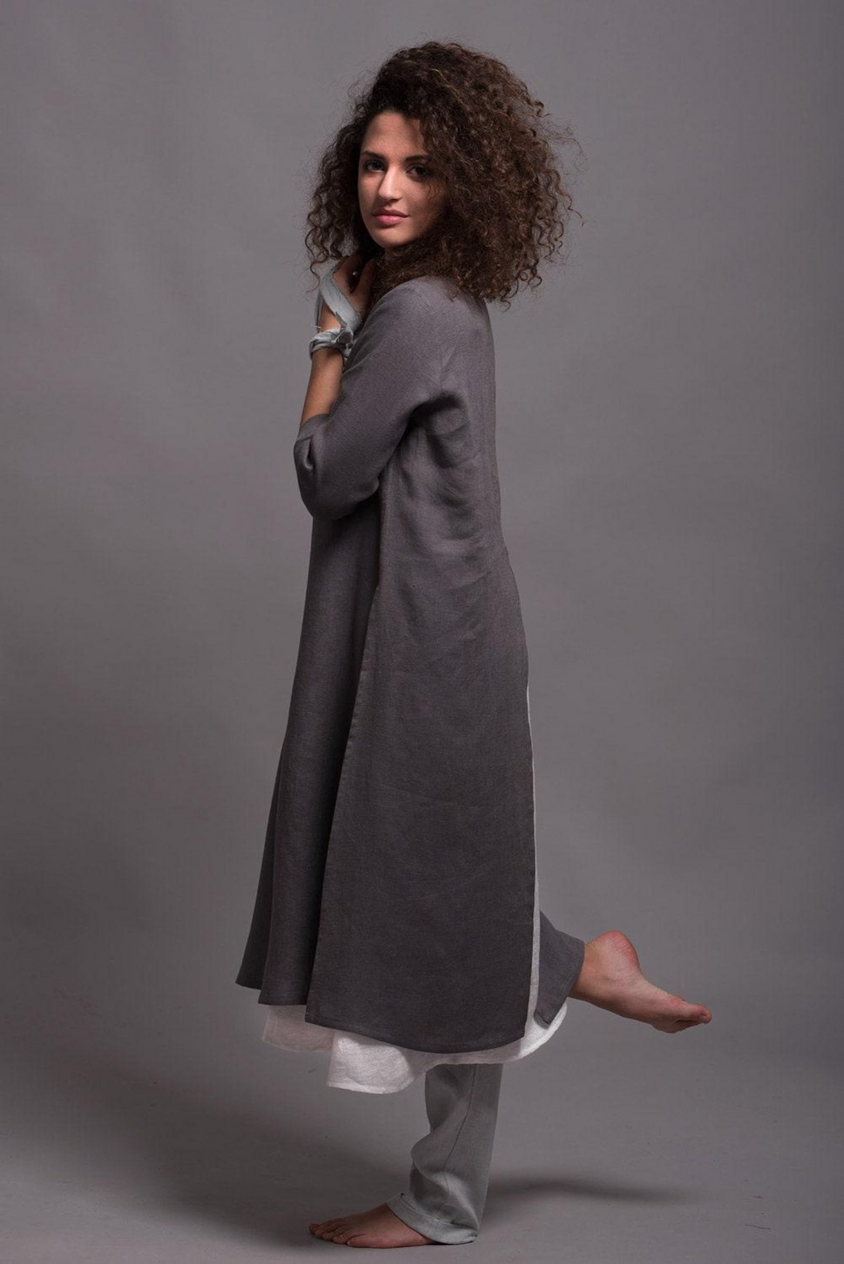 Women’s Gray Linen Tunic, Relaxed A-Line Top with Side Slits