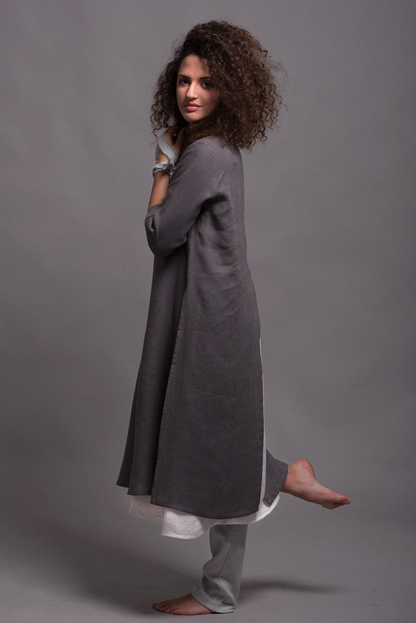Women’s Gray Linen Tunic, Relaxed A-Line Top with Side Slits