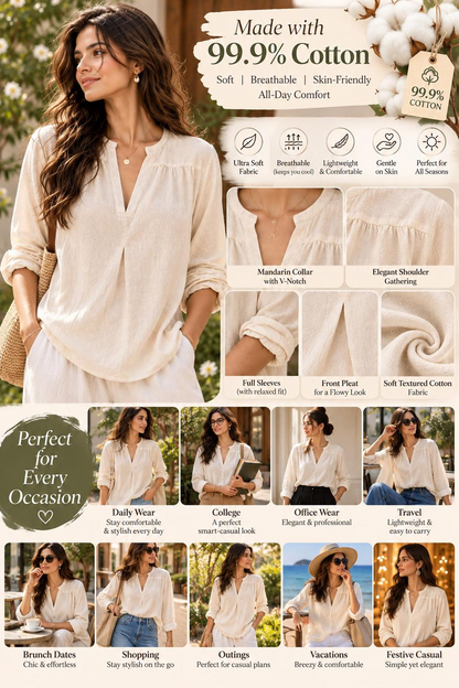 Women’s Cream Cotton Tunic Top, Long Sleeve V-Neck Blouse