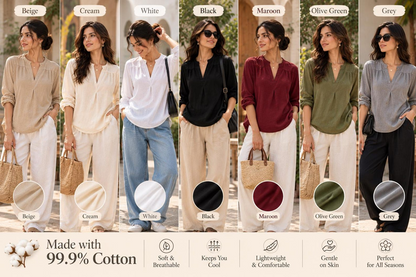 Women’s Cream Cotton Tunic Top, Long Sleeve V-Neck Blouse