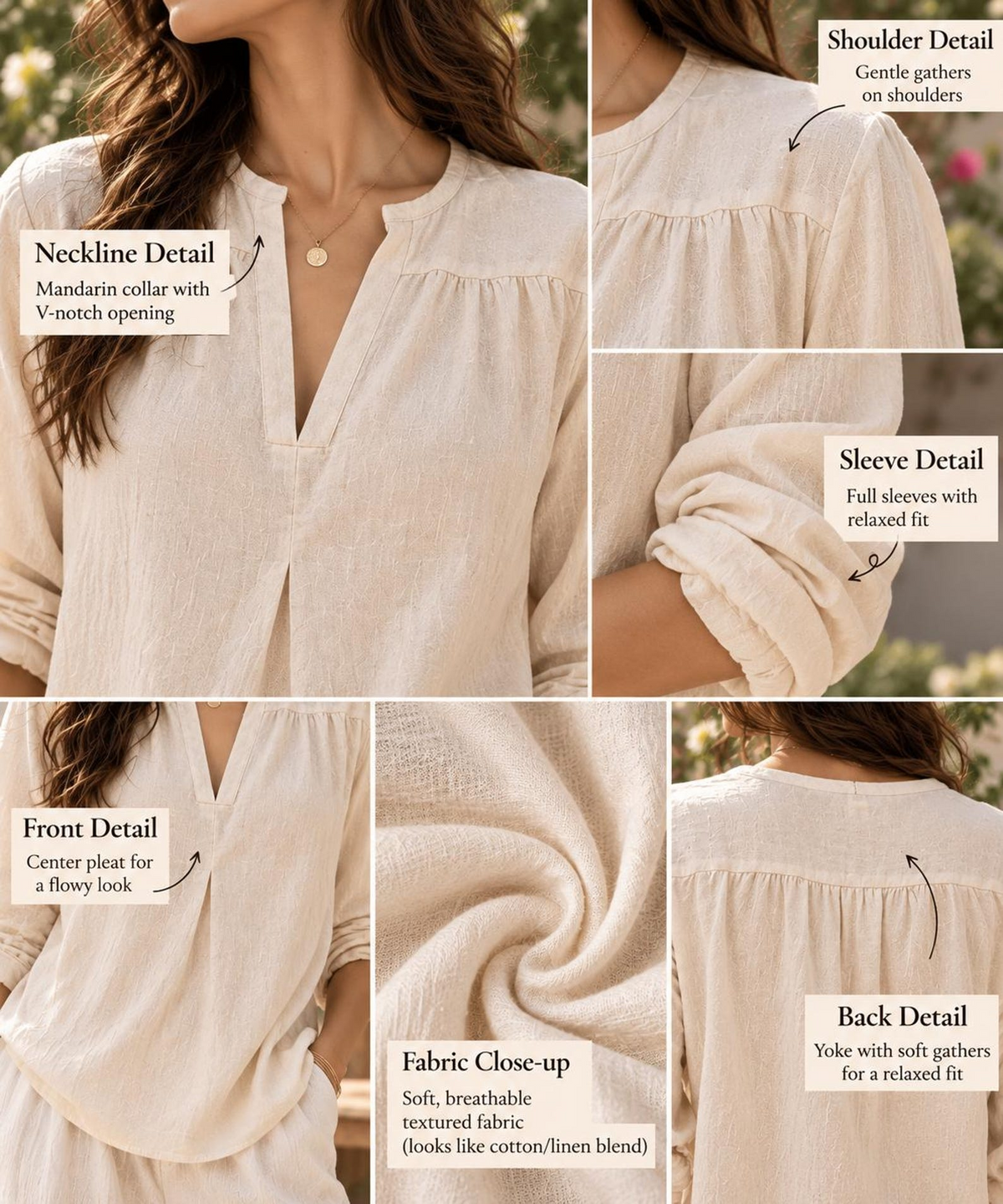 Women’s Cream Cotton Tunic Top, Long Sleeve V-Neck Blouse