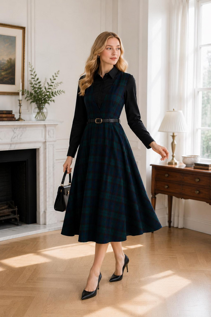 Women’s Green and Navy Tartan Plaid Midi Pinafore Dress
