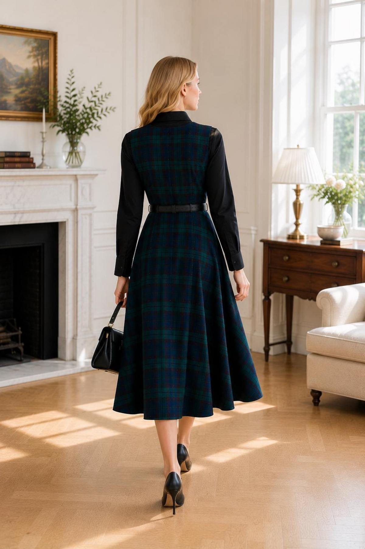 Women’s Green and Navy Tartan Plaid Midi Pinafore Dress