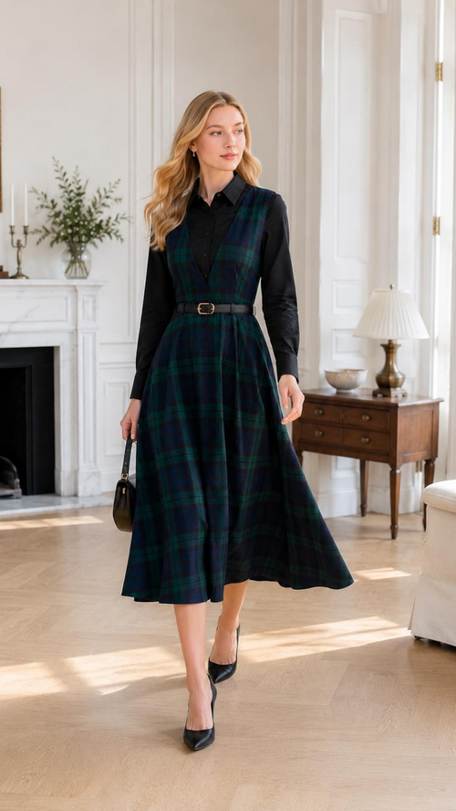 Women’s Green and Navy Tartan Plaid Midi Pinafore Dress
