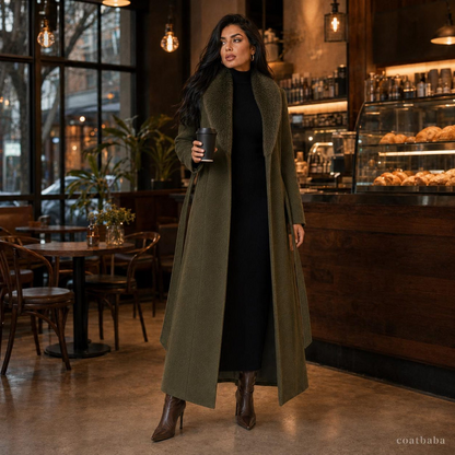 Women’s Olive Green Long Winter Coat with Belt and Fur-Style Collar