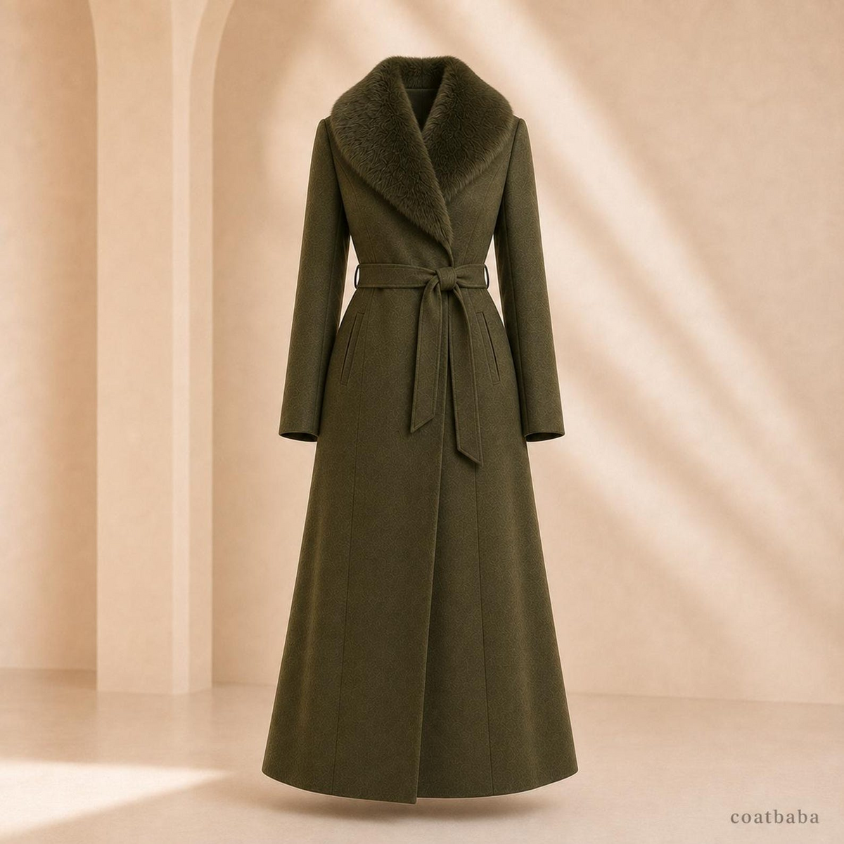 Women’s Olive Green Long Winter Coat with Belt and Fur-Style Collar