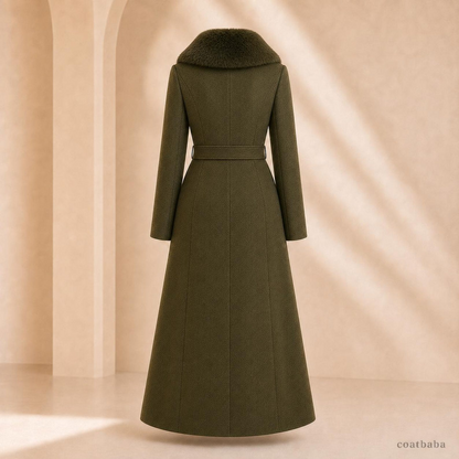 Women’s Olive Green Long Winter Coat with Belt and Fur-Style Collar