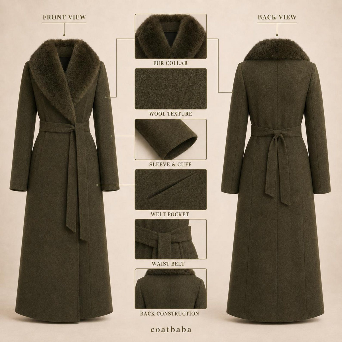 Women’s Olive Green Long Winter Coat with Belt and Fur-Style Collar