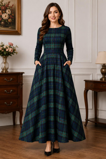 Handmade Tartan Maxi Dress for Women – Scottish Plaid Flare Dress