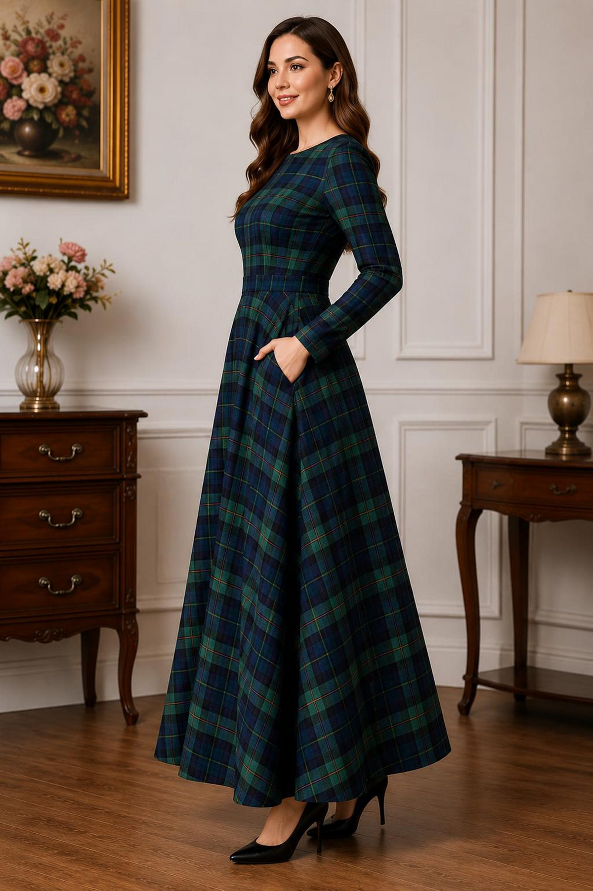 Handmade Tartan Maxi Dress for Women – Scottish Plaid Flare Dress