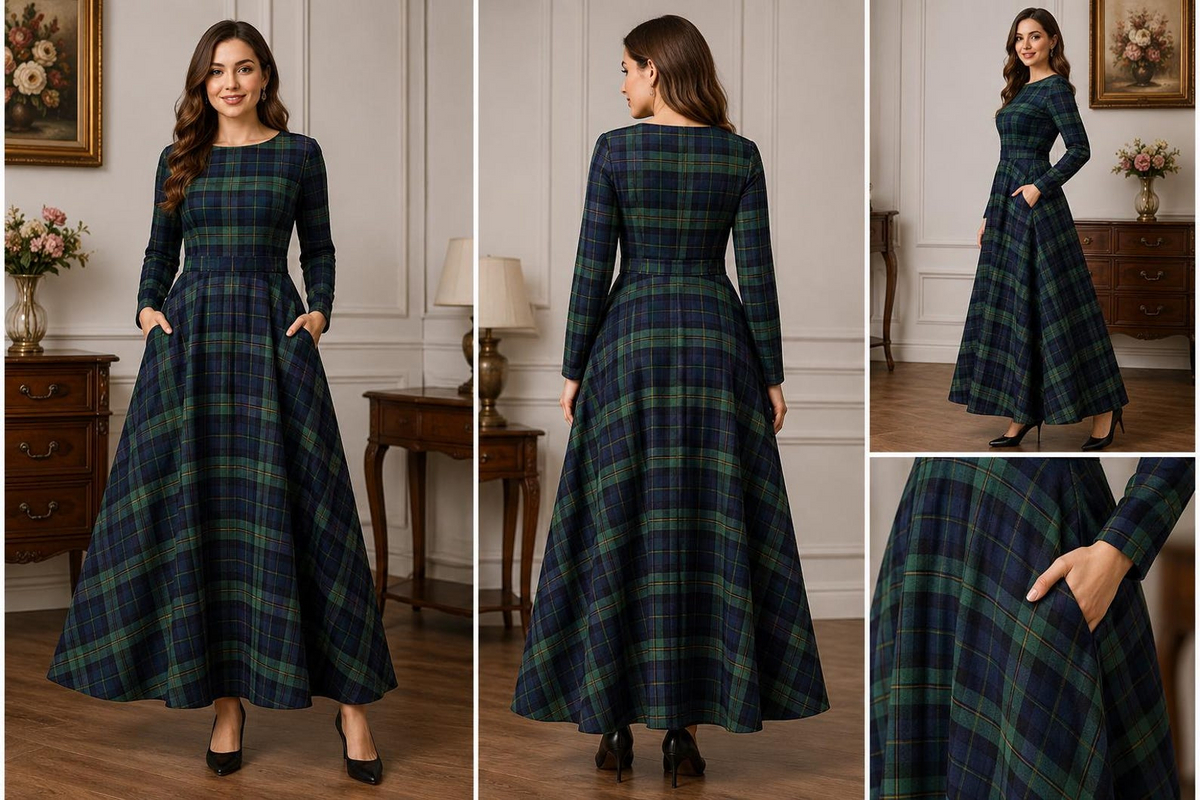 Handmade Tartan Maxi Dress for Women – Scottish Plaid Flare Dress