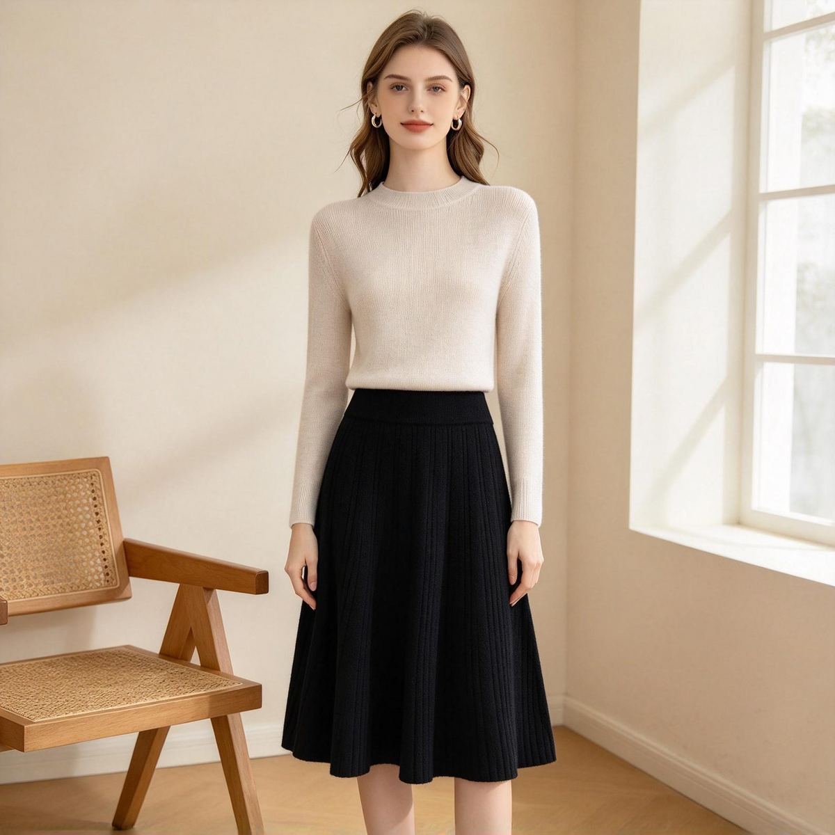 Women’s High-Waisted Pleated Wool Midi Skirt for Winter