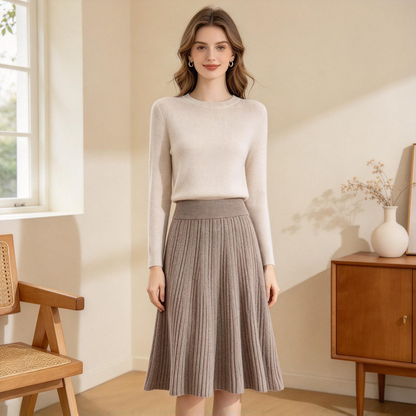 Women’s High-Waisted Pleated Wool Midi Skirt for Winter