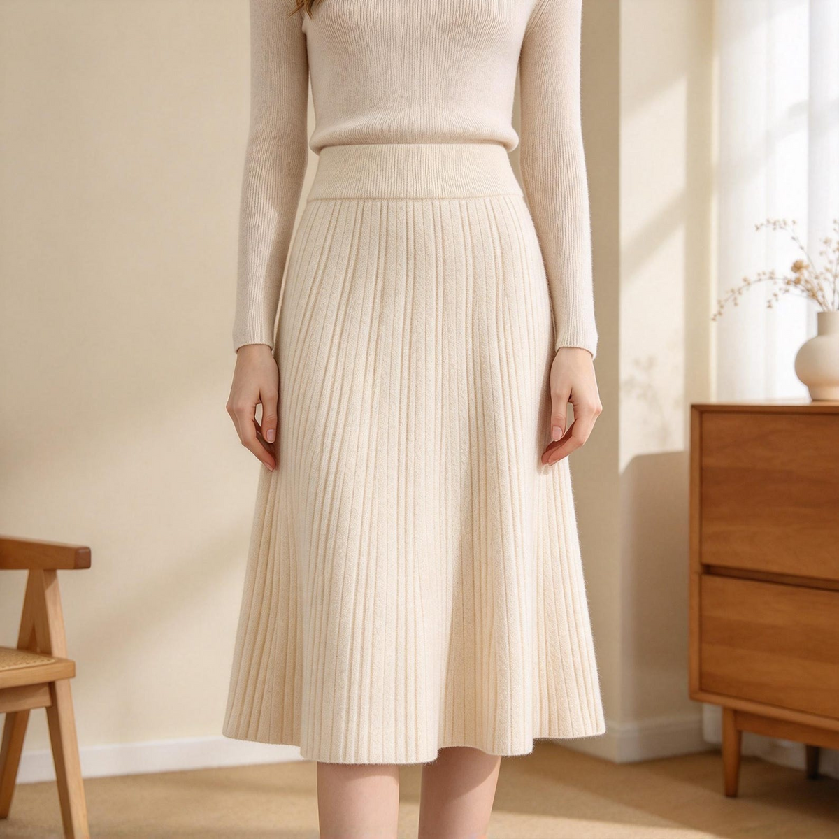 Women’s High-Waisted Pleated Wool Midi Skirt for Winter