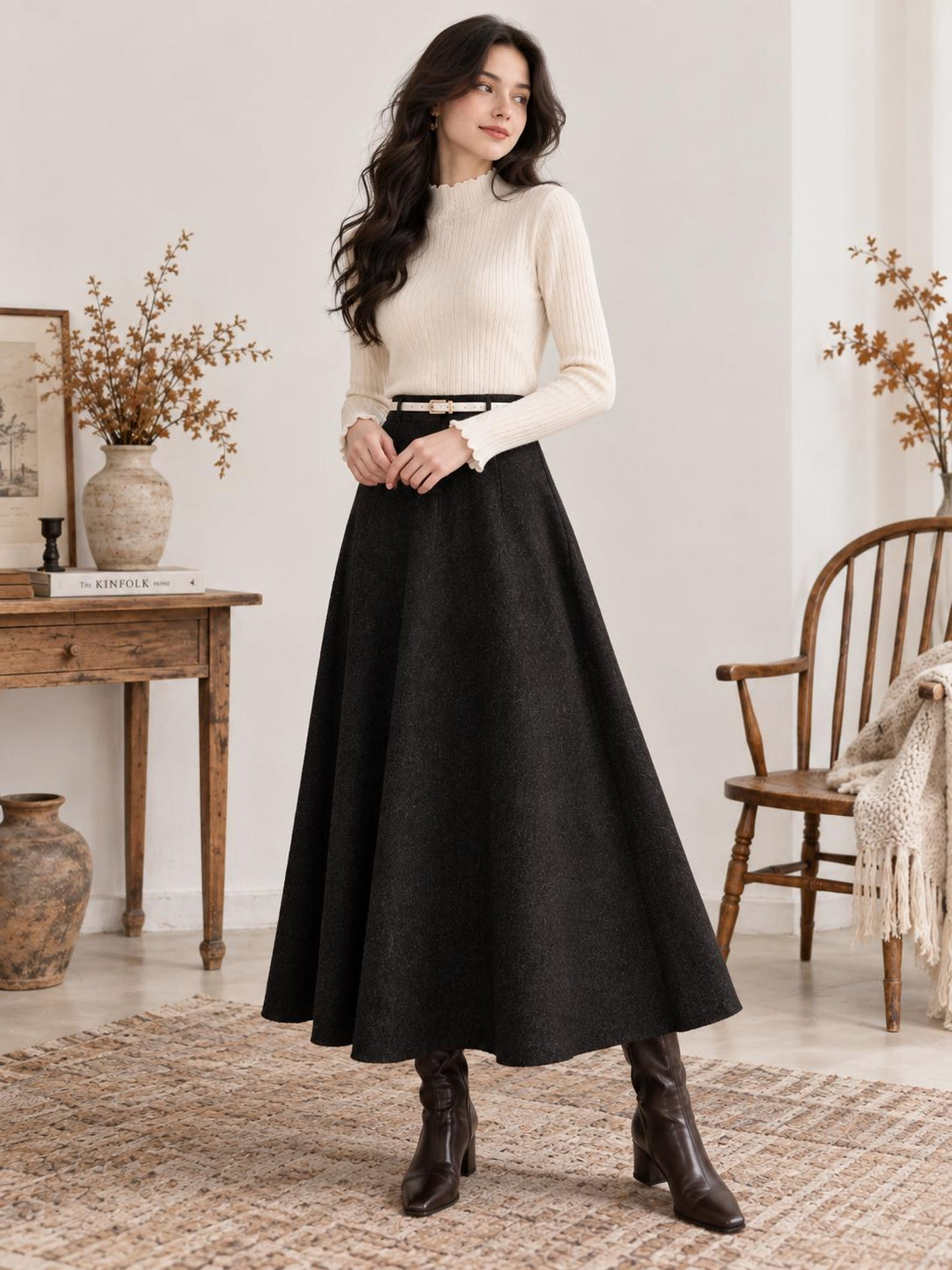 Black Wool-Look High-Waisted A-Line Maxi Skirt for Women