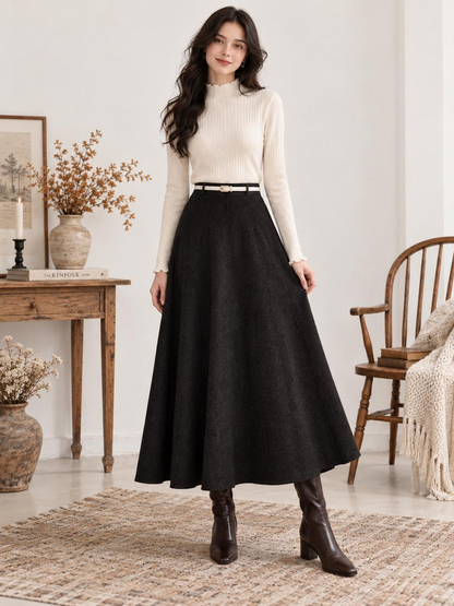 Black Wool-Look High-Waisted A-Line Maxi Skirt for Women